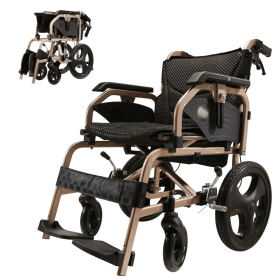 Foldable lightweight wheelchair. Equipped with double hand brakes. Adult wheelchair. Weighs only 27 lbs. Reversible and height adjustable armrest